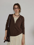 Lofi choose Cotton Blend Button Collar Loose Commuter Womens Purple Long Sleeve T-Shirts