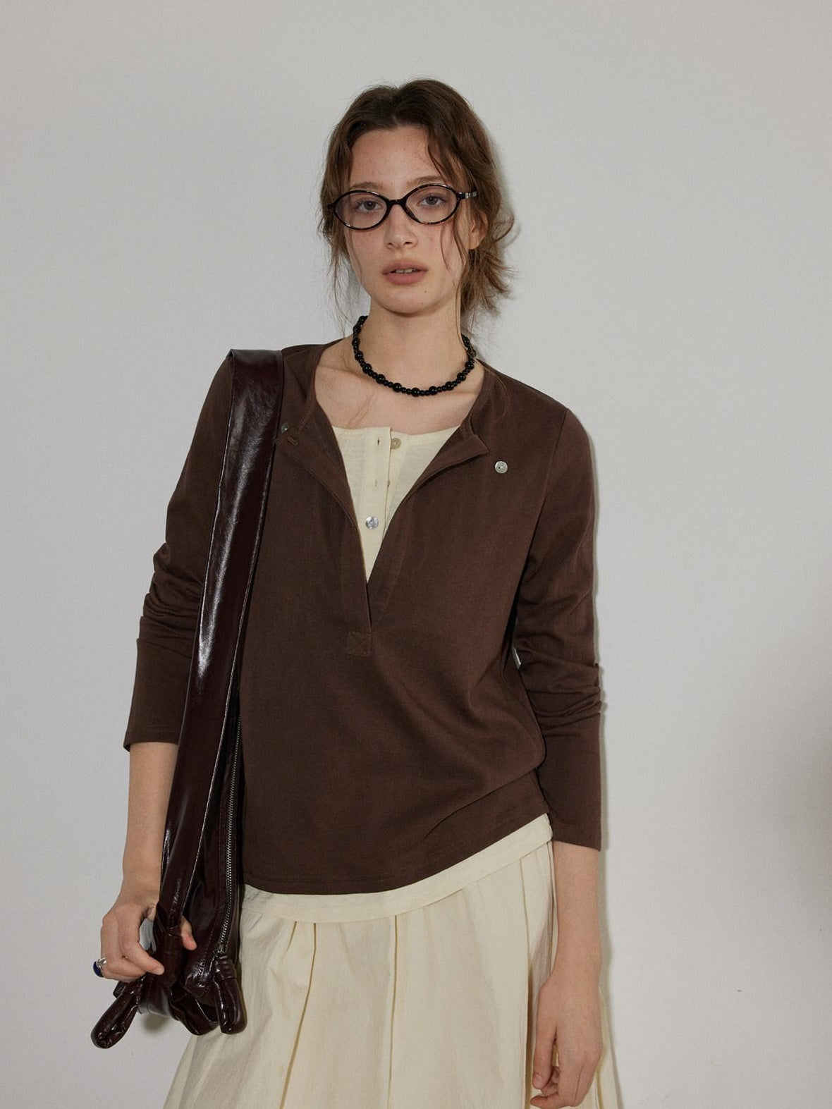 Lofi choose Cotton Blend Button Collar Loose Commuter Womens Purple Long Sleeve T-Shirts