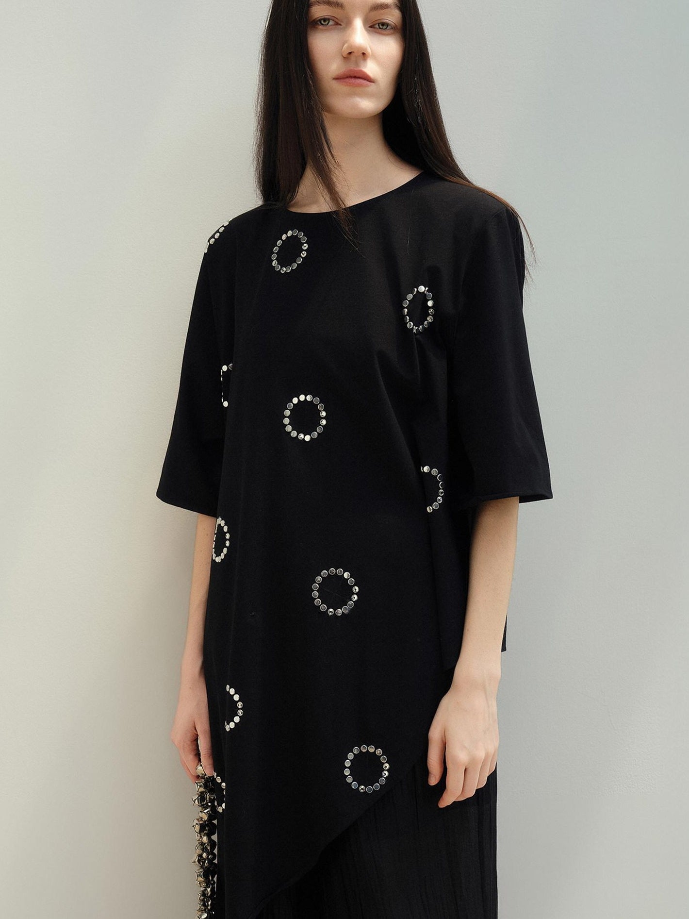 Rhinestone Asymmetric Loose Commuter Cotton Black Women Short Sleeve T-Shirts