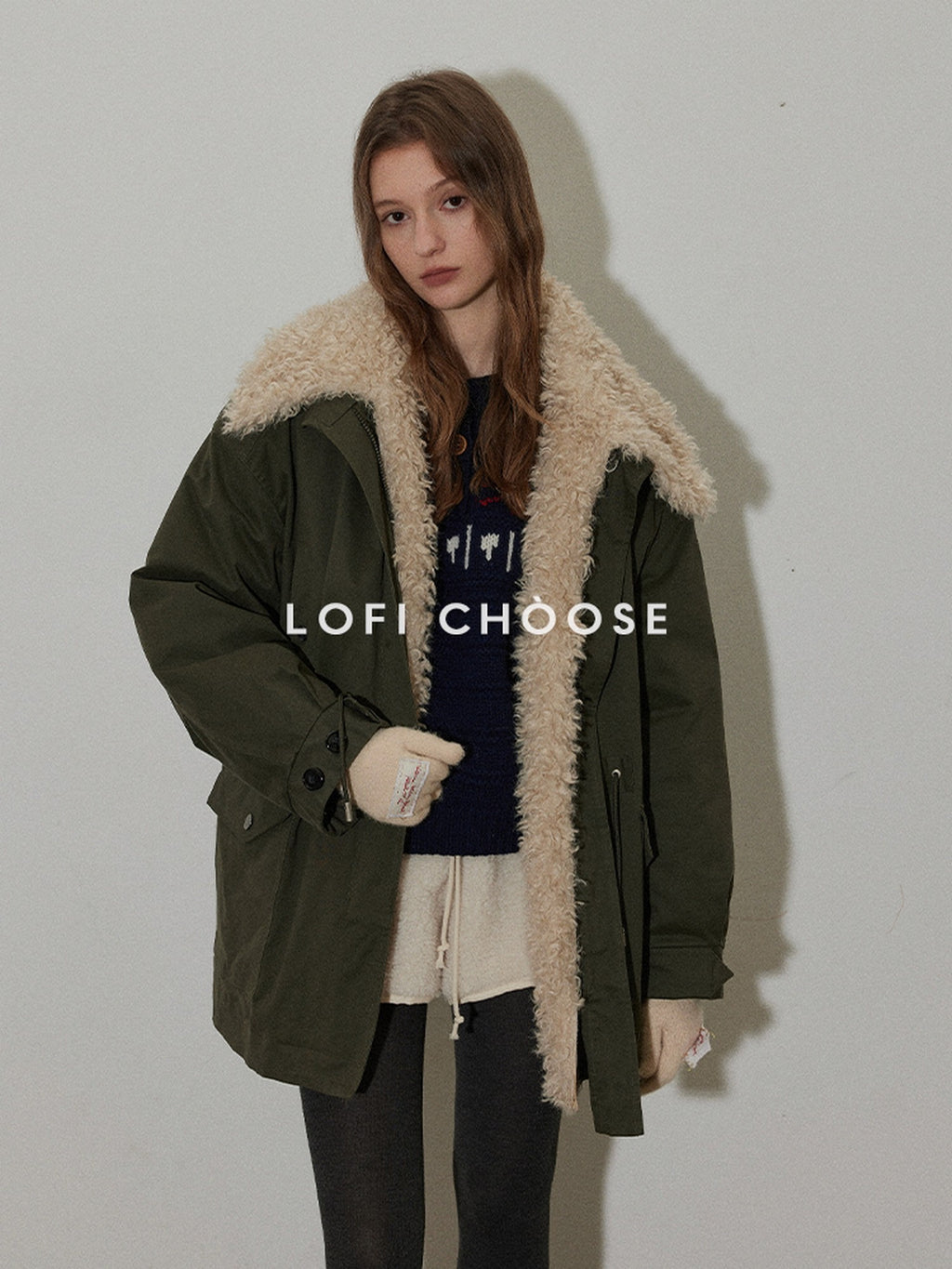 Lofi choose 90% White Duck Down Thick Hoodless Commuter Regular Fit Green Down Jackets