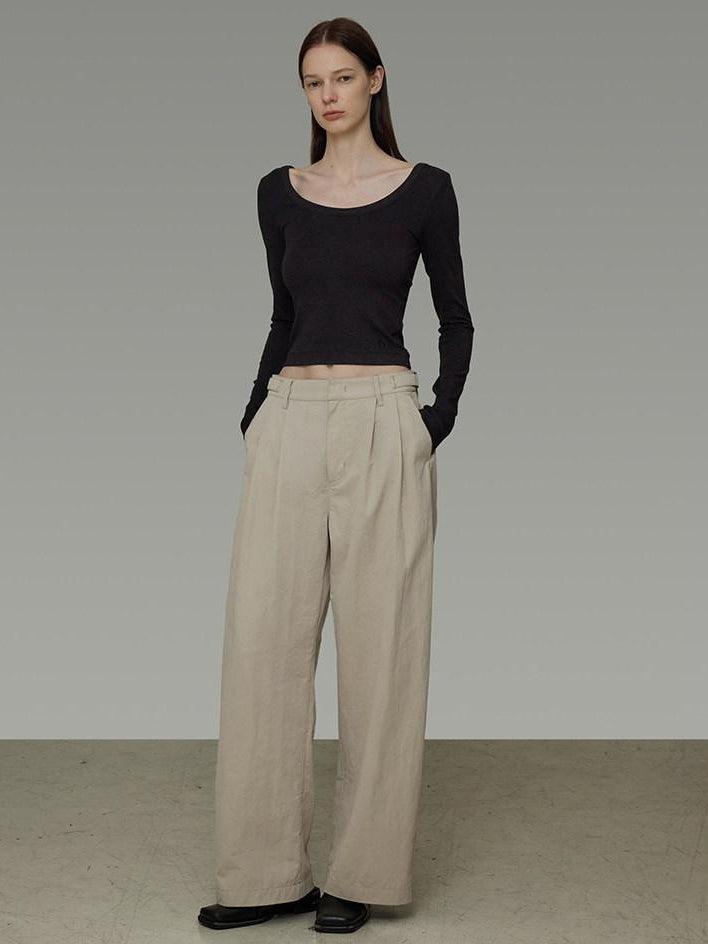 unspoken Pleated Natural Waist Minimalist Loose Women Khaki Zipper Wide Leg Pants