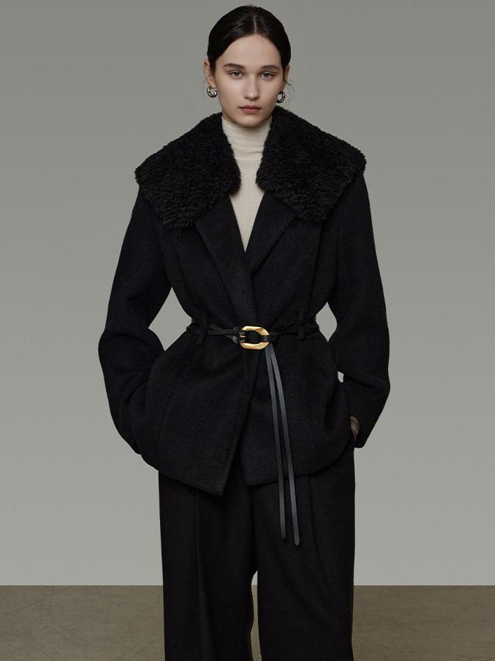 unspoken Fur Collar Thick Mid Length Loose Fit Minimalist Commuter Black Wool Long Coats