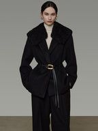 unspoken Fur Collar Thick Mid Length Loose Fit Minimalist Commuter Black Wool Long Coats