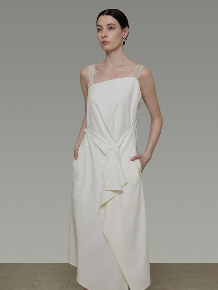 unspoken Cinched Waist Minimalist Asymmetric Spaghetti Strap A Line Midi Maxi Dresses
