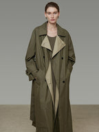 unspoken Minimal Commuter Long Double Breasted Loose Fit Women Black Olive Trench Coats