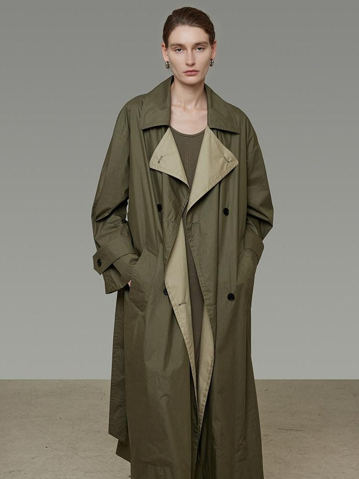 unspoken Minimal Commuter Long Double Breasted Loose Fit Women Black Olive Trench Coats