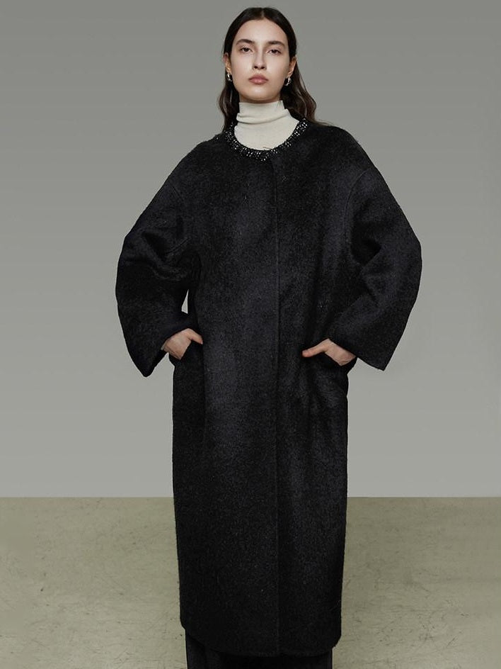 unspoken Heavyweight Lambswool Blend Minimal Commuter Loose Longline Black Wool Coats