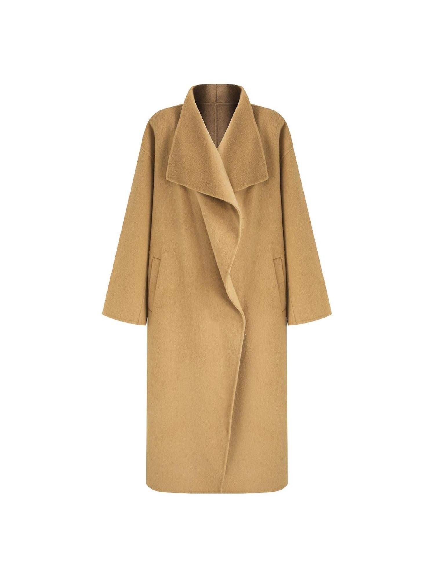 unspoken Thick 100 Percent Sheep Wool Long Loose Lapel Minimalist Sand Brown Wool Coats