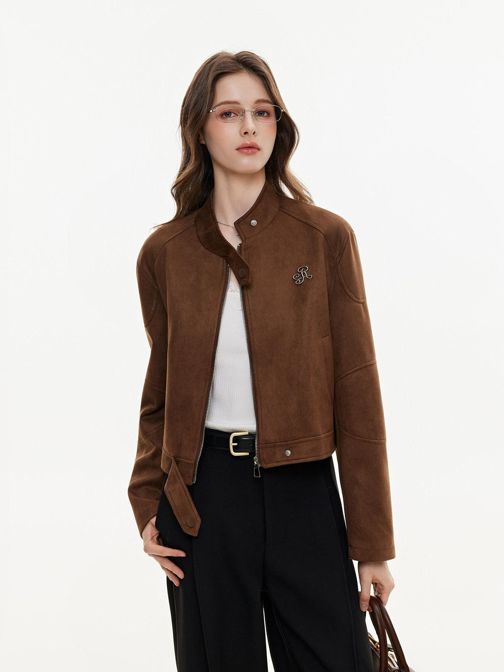 ikyou Durable Vintage Slim 3D Embellished Stand Collar Zip Brown Women Cropped Jackets