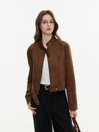 ikyou Durable Vintage Slim 3D Embellished Stand Collar Zip Brown Women Cropped Jackets