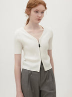 fano Soft Minimalist V-neck Cropped Short Sleeve White Polyester Blend Cardigans