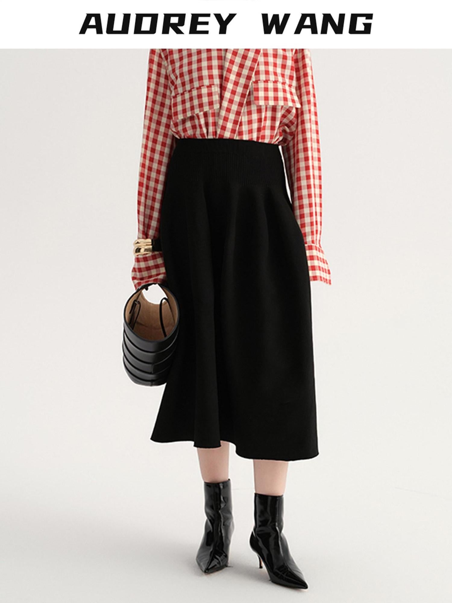 audreyyang Flattering High Waist A Line Solid Black Nylon Office Casual Women Maxi Skirts
