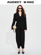audreyyang High Stretch Elastic Waist Tapered Casual Women Black Polyester Sweatpants