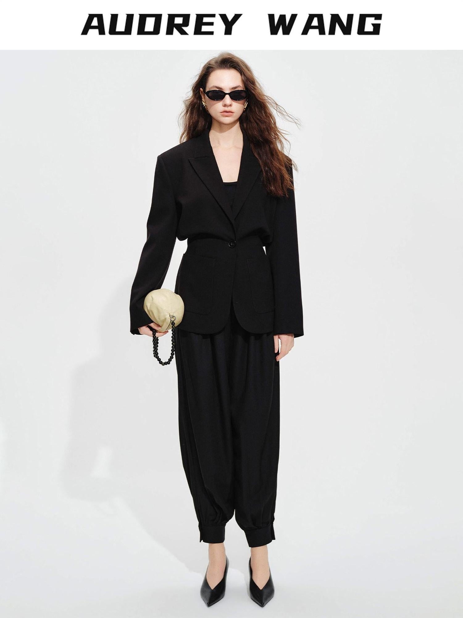 audreyyang High Stretch Elastic Waist Tapered Casual Women Black Polyester Sweatpants