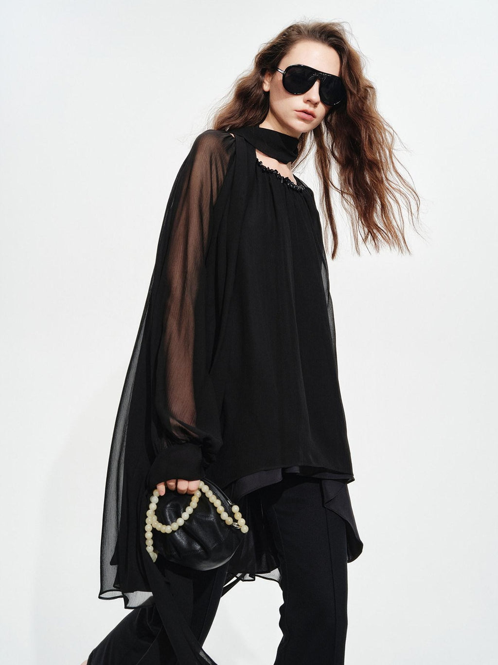 audreyyang Beaded Silk Elegant Loose Lantern Sleeve Tie Neck Black Midi Dresses