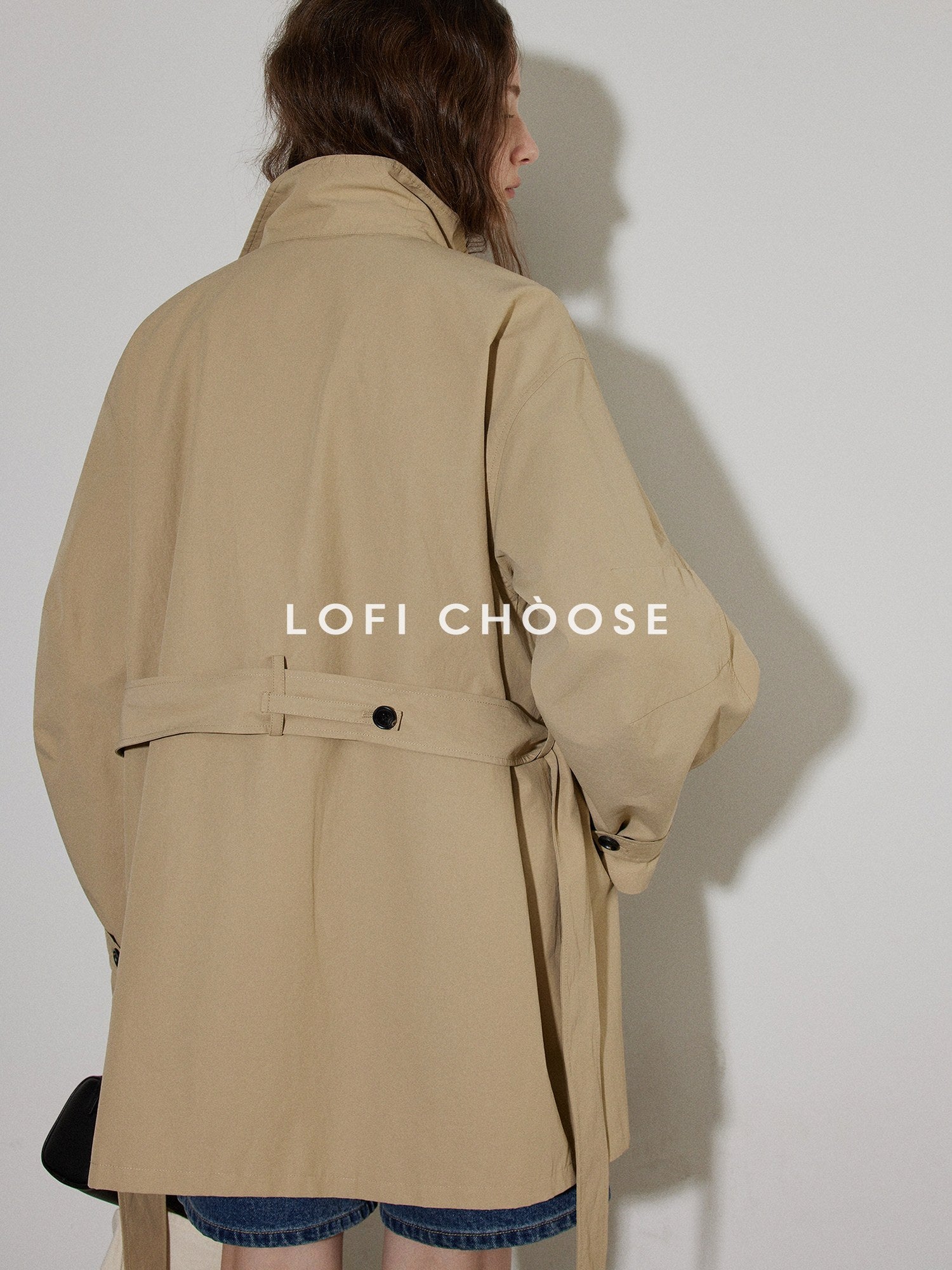 Lofi choose Office Ready Loose Fit Short Stand Collar Single Button Women Khaki Trench Coats
