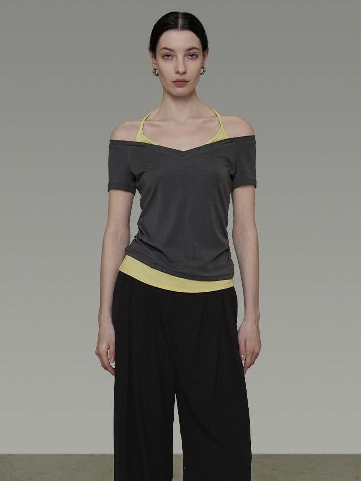 unspoken Moisture Wicking Lyocell Slim V-neck Patchwork Grey Green Halter Crop Tops