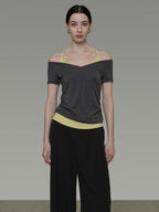 unspoken Moisture Wicking Lyocell Slim V-neck Patchwork Grey Green Halter Crop Tops
