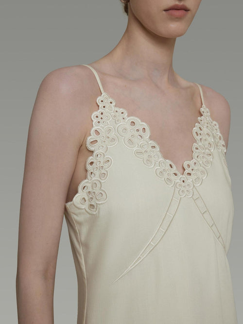 unspoken Embroidered Tencel A Line Cami V-neck Natural Waist Office White Maxi Dresses