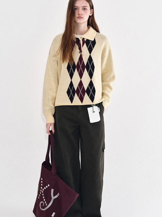 fano Cotton Cashmere Warm Vintage Loose Rolled Edge Pullover Casual Argyle Sweaters