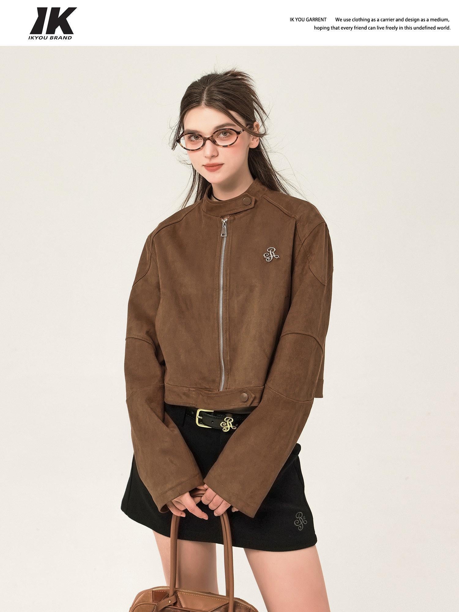 ikyou Resin Colorfast Vintage Boxy 3D Decor Zip Stand Collar Brown Cropped Jackets
