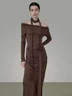 unspoken Slim Pleated Minimalist Workwear Women Pullover Polyester Brown Top & Skirt Sets