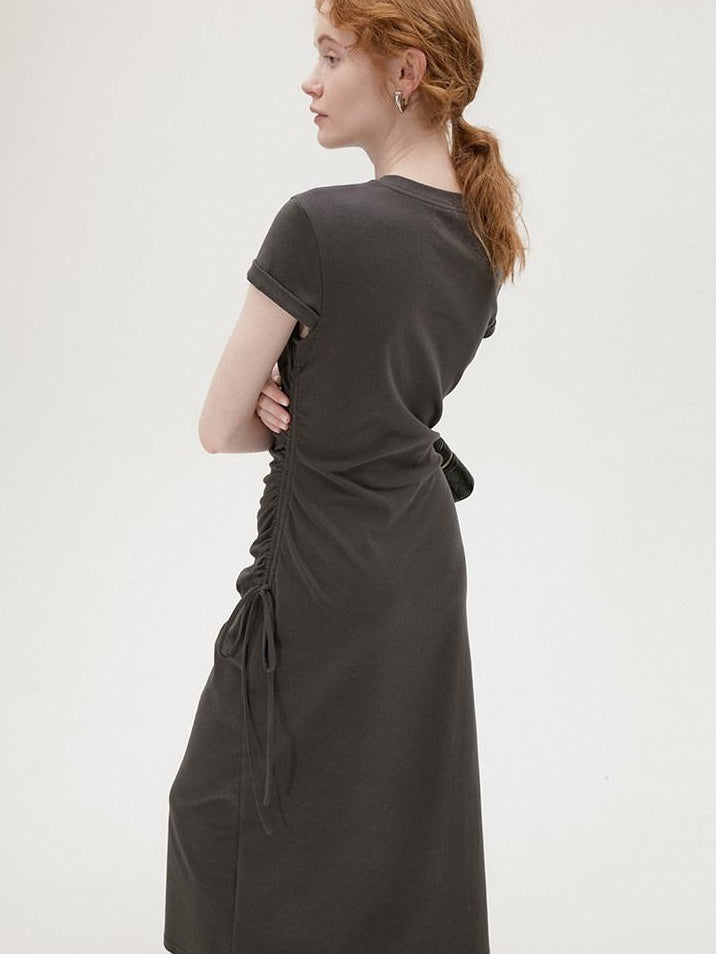 fano Soft Cotton Knit High Waist A Line Button Mock Neck Midi Dresses