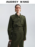 audreyyang Thick Cotton Cinched Waist Vintage Long Sleeve Army Green Top & Skirt Sets