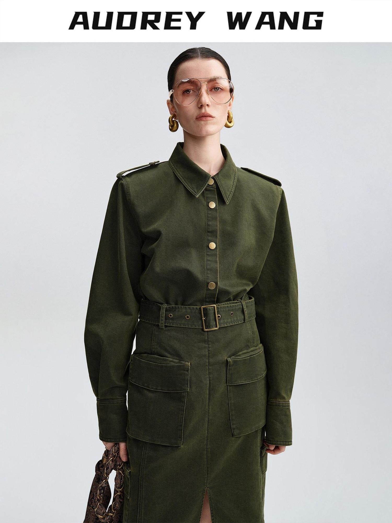 audreyyang Thick Cotton Cinched Waist Vintage Long Sleeve Army Green Top & Skirt Sets
