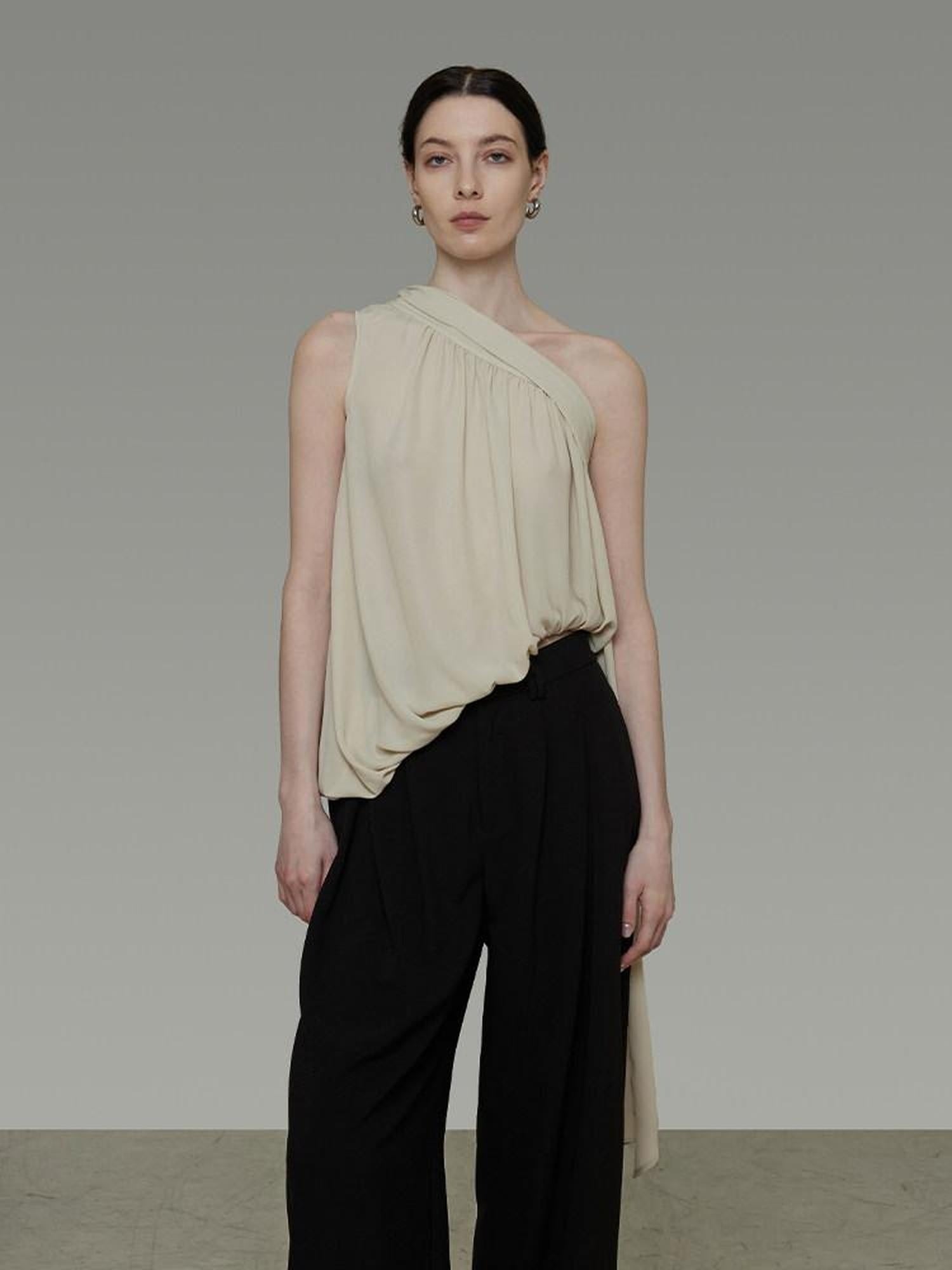 unspoken Polyester French Asymmetric One Shoulder Loose Fit Women Solid Camisoles