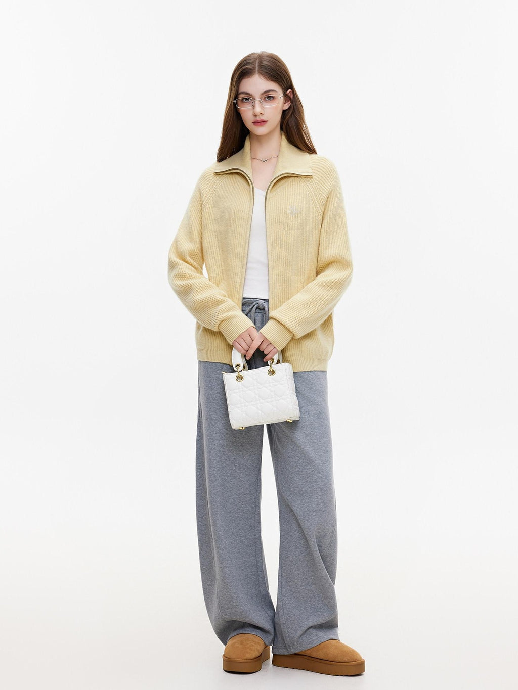 ikyou Warm Zipper Stand Collar Loose Knit Commuter Yellow Wool Blend Cardigans