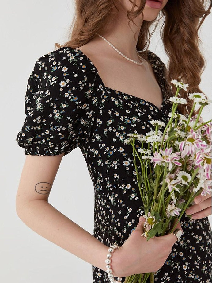 fano Viscose Square Neck Puff Sleeve A Line Casual Black Floral Maxi Dresses