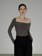 unspoken Slim Ruched Office Knit Long Sleeve Women Sage Green Off Shoulder Crop Tops