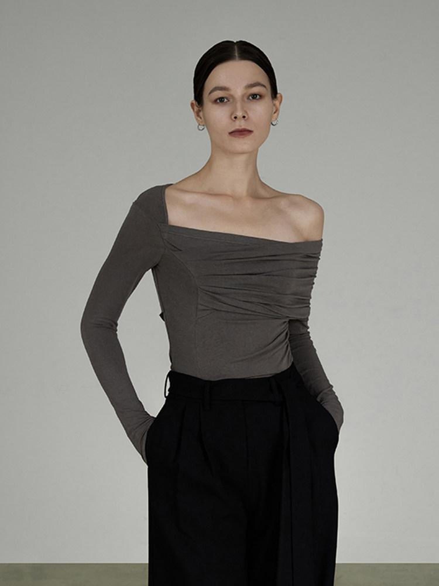 unspoken Slim Ruched Office Knit Long Sleeve Women Sage Green Off Shoulder Crop Tops