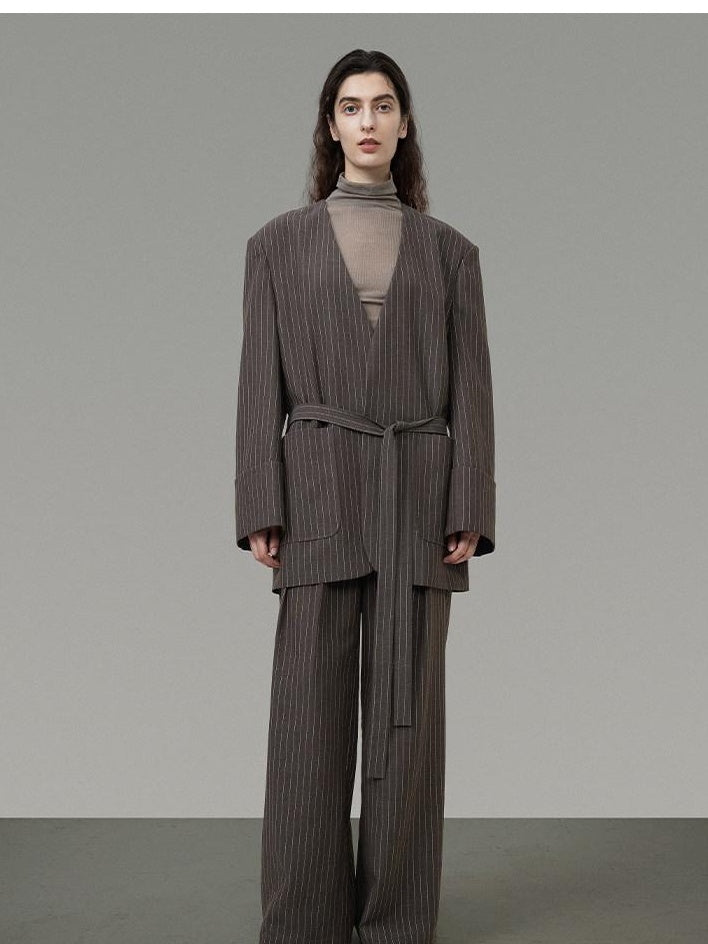 unspoken Minimalist V-neck Long Sleeve Tailored Brown Polyester Women Top & Pants Sets