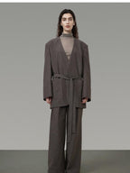 unspoken Minimalist V-neck Long Sleeve Tailored Brown Polyester Women Top & Pants Sets