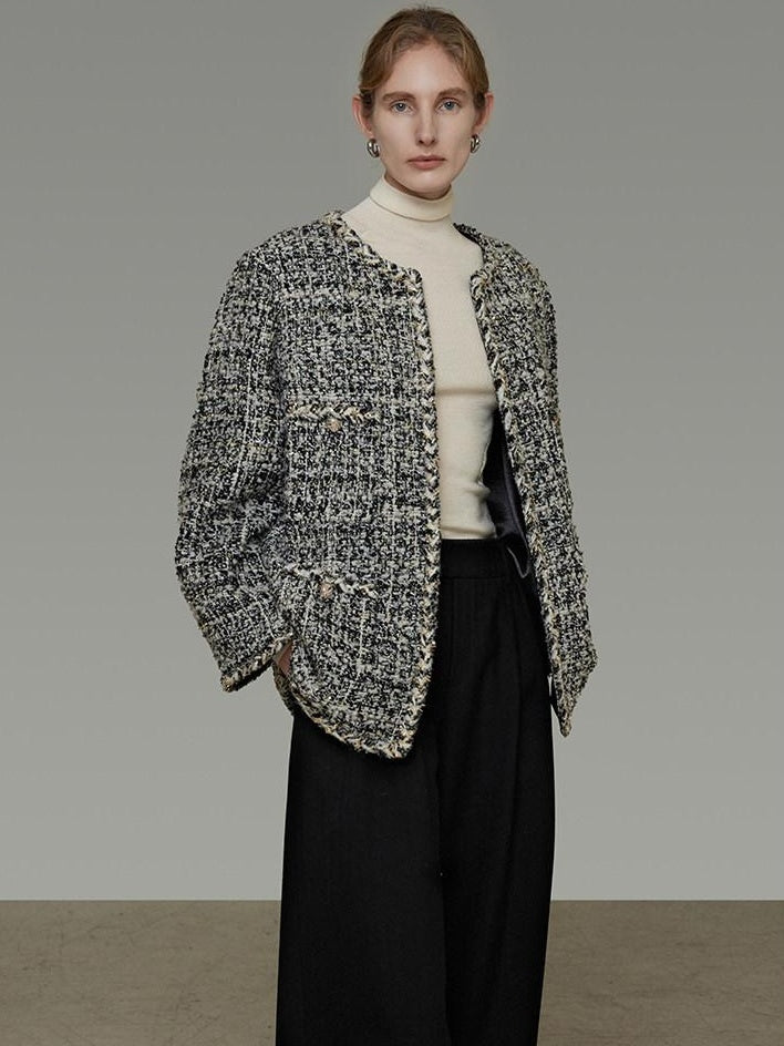 unspoken Warm Wool Blend Houndstooth Loose Fit Simple Commuter Black White Short Coat