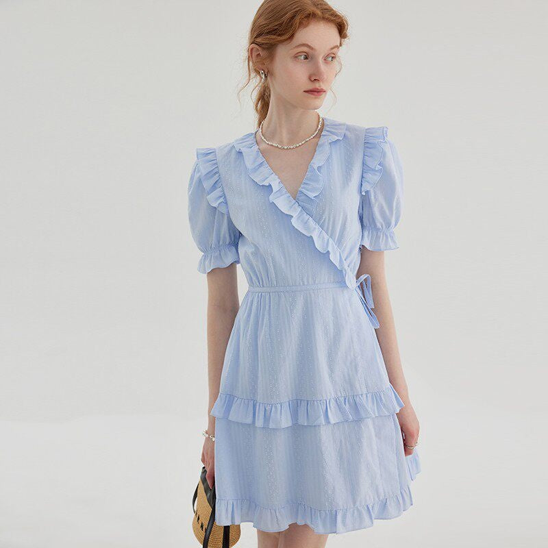 fano_High_Waist_Tie_A_Line_Cotton_V-neck_Puff_Sleeves_Casual_Work_Women_Midi_Dresses_MISSTT