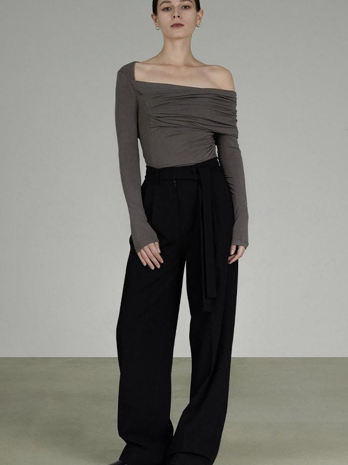 unspoken Slim Ruched Office Knit Long Sleeve Women Sage Green Off Shoulder Crop Tops