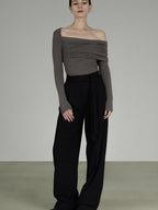 unspoken Slim Ruched Office Knit Long Sleeve Women Sage Green Off Shoulder Crop Tops