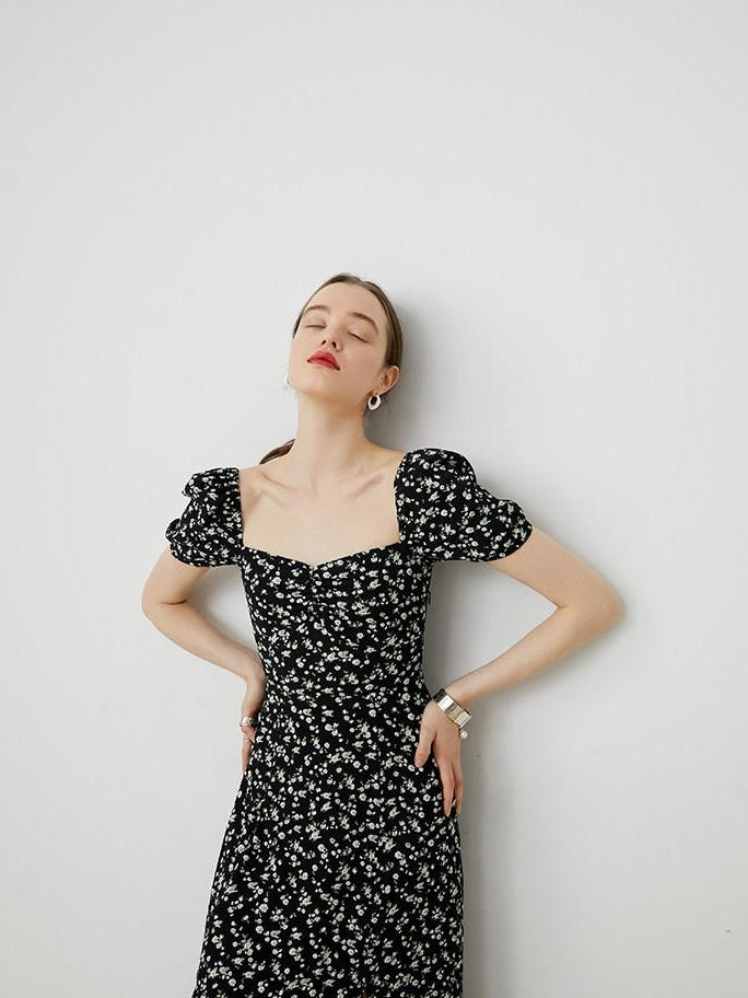 fano Viscose Square Neck Puff Sleeve A Line Casual Black Floral Maxi Dresses