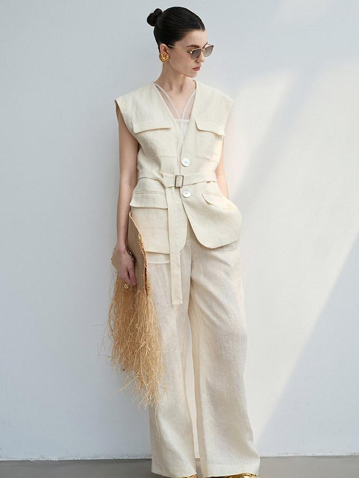 audreyyang Light Cream Linen V-neck Button Vest With Long Pants Women Top & Pants Sets