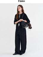 fano Vintage Washed Cotton Loose Natural Waist Casual Women Dark Wide Leg Pants