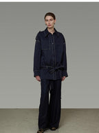 unspoken Vintage Loose Fit Irregular Pocket Detail Women Navy Polyester Trench Coats