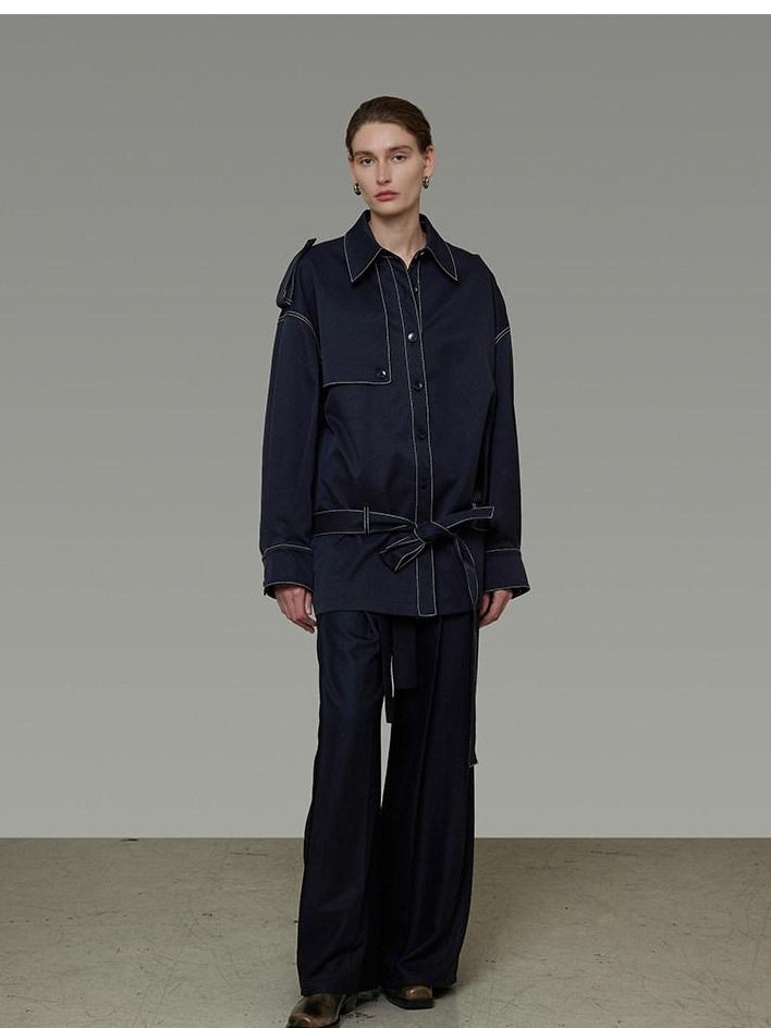 unspoken Vintage Loose Fit Irregular Pocket Detail Women Navy Polyester Trench Coats