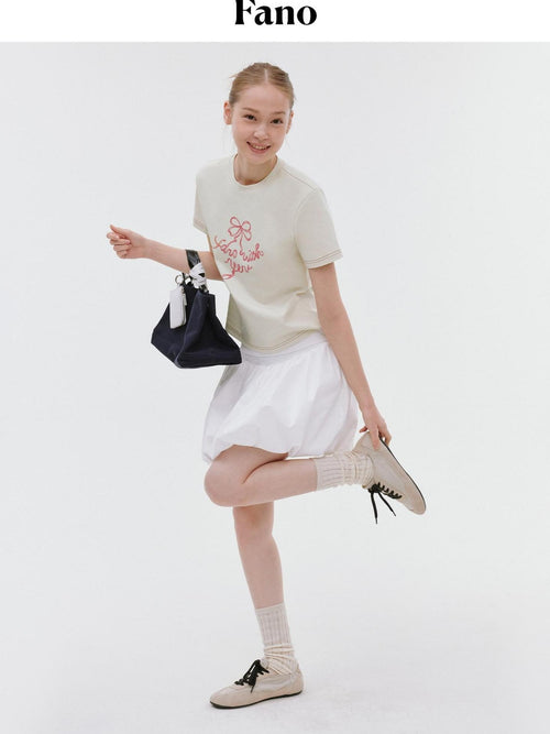 fano Butterfly Bow Print Cotton Blend Slim Korean Crew Neck Beige Basic Crop Tops