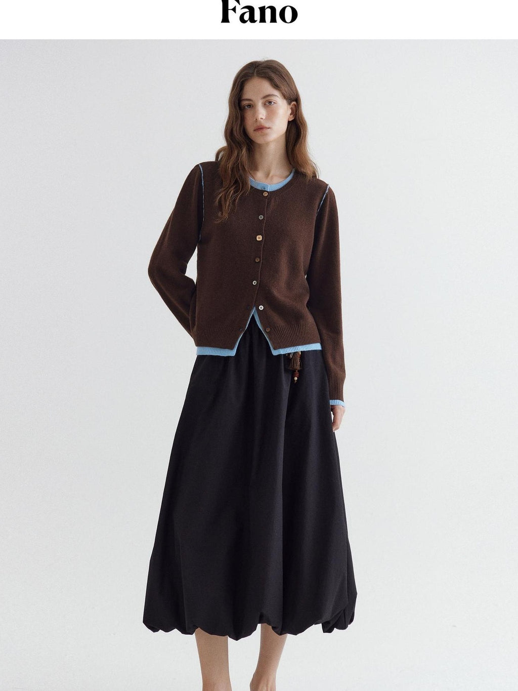 fano Pure Wool Commuter Regular Fit Roundneck Colorblock Women Brown Knit Cardigans