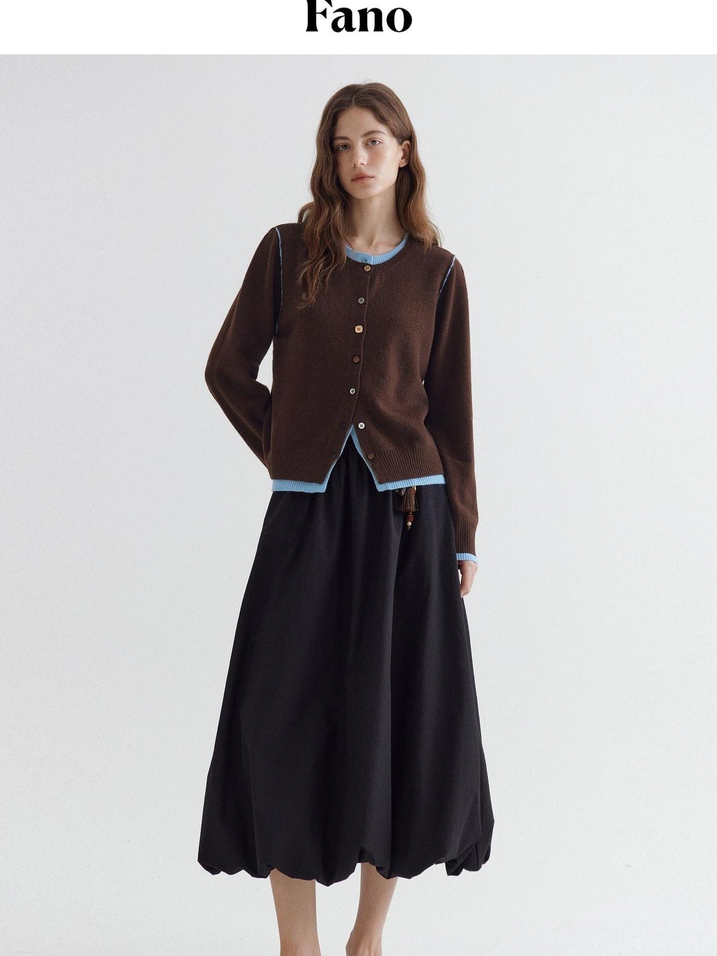 fano Pure Wool Commuter Regular Fit Roundneck Colorblock Women Brown Knit Cardigans