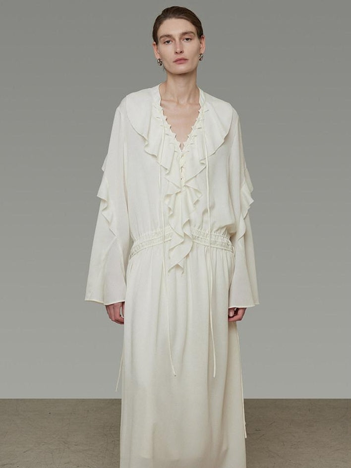 unspoken Breathable Minimal Ruffle Long Sleeve Loose H Fit Women Polyester Maxi Dresses