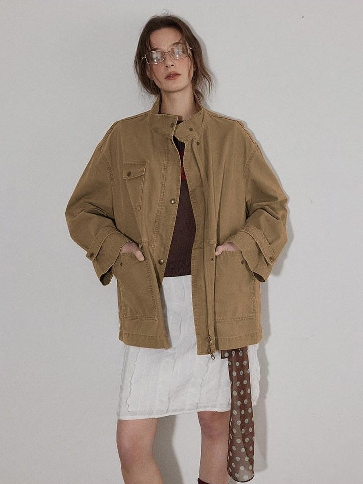 Lofi choose Airy Loose Fit Commuter Lapel Button Longsleeve Solid Khaki Cropped Jackets